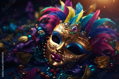 A design for Mardi Gras festivities featuring a festive graphic on a colorful background. Generative AI