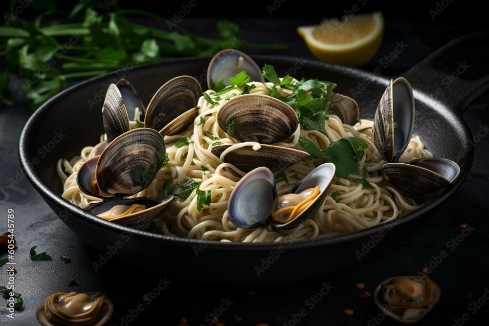 A black metal bowl filled with linguine alle vongole garnished with clams, garlic, white wine, and parsley, served on a dark slate board. Generative AI