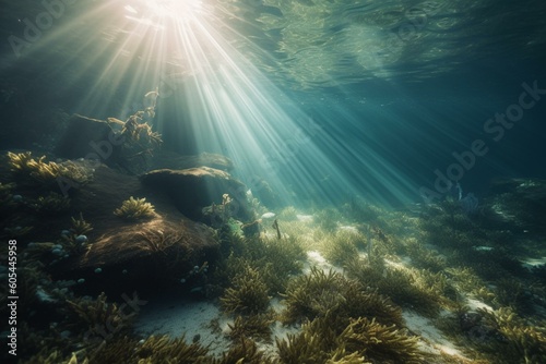View of light underwater with a sunbeam shining through. Generative AI