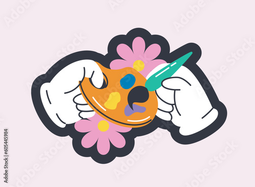 Sticker with artist hands. Bright icon with palette, paints and flowers. Art element for apps and websites. School, study and drawing concept. Cartoon flat vector illustration on white background