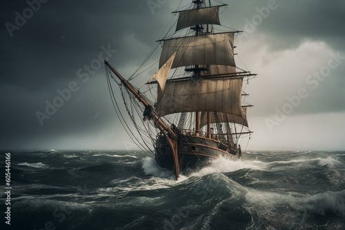 A vintage sailing ship in turbulent weather. Generative AI