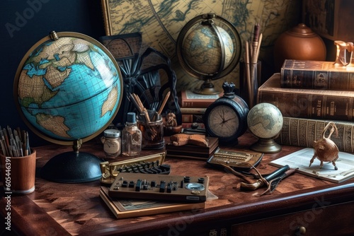 Travel-themed creative business desk with maps, globes, and travel souvenirs, symbolizing a global perspective and a passion for exploration and cultural diversity