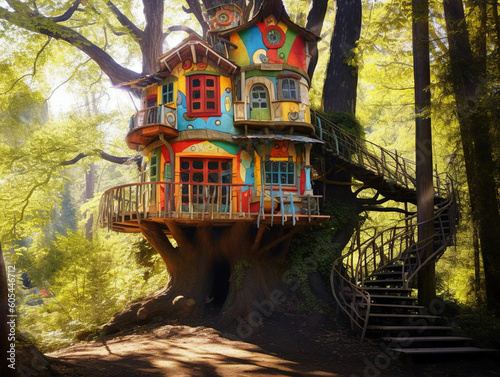 A Beautiful Multicolor House in the Hippie Style Built in a Tree - generative AI