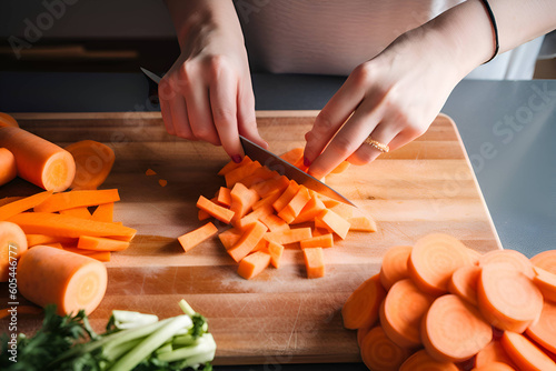 la donna trita le carote su un tagliere in cucina per insalata  photo