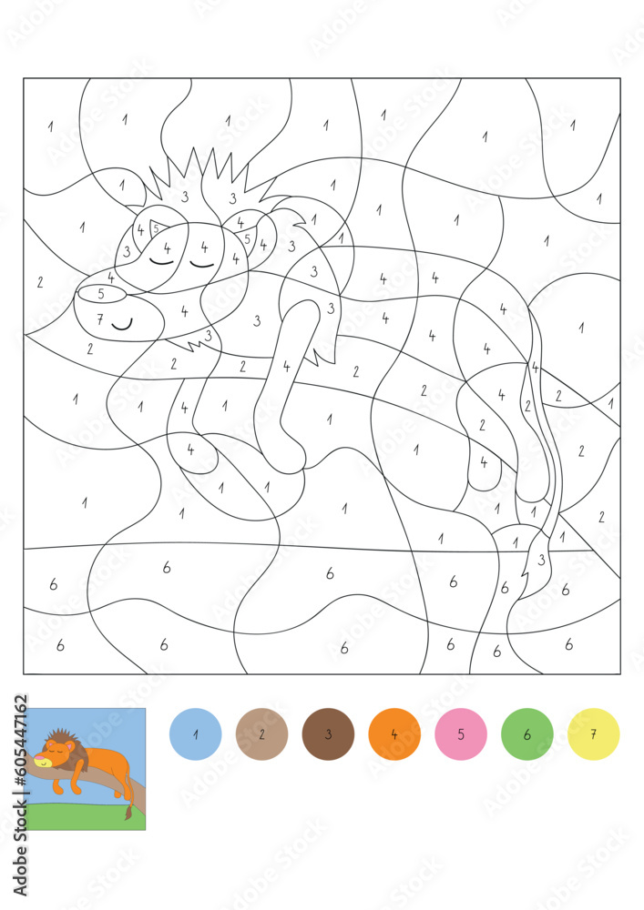 Number coloring page for preschool children with cute cartoon lion. Color by number worksheet. African animals. Educational game.