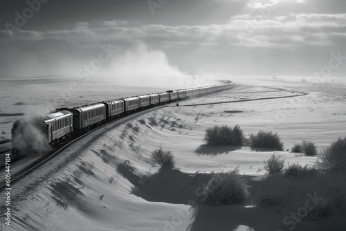 Monochrome Polar Express train traverses wintry landscape. Generative AI