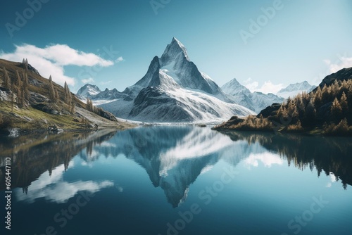 A snow-capped mountain peak overlooks a tranquil blue lake with reflections of the surrounding landscape and sky. Generative AI