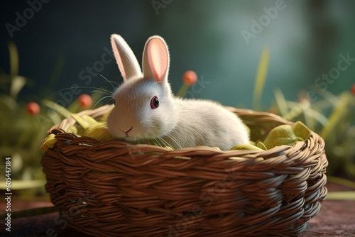Cute Easter bunny in 3D basket. Generative AI