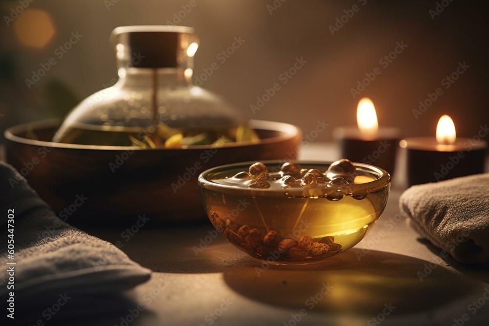 Tranquil spa with aromatic oils to enhance relaxation. Generative AI