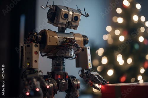 Automaton receiving a holiday present. Generative AI