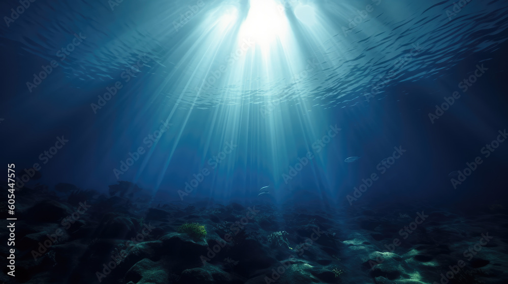 Strong and bright rays of the sun through the clear water fall to the bottom of the ocean, illuminating the underwater life and flora.