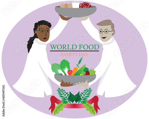 vector two male and female doctors in white shirts posing while holding two containers filled with vegetables and fruits and meat and eggs and milk and there is the inscription WORLD FOOD SAFETY DAY i
