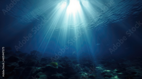 Strong and bright rays of the sun through the clear water fall to the bottom of the ocean, illuminating the underwater life and flora.