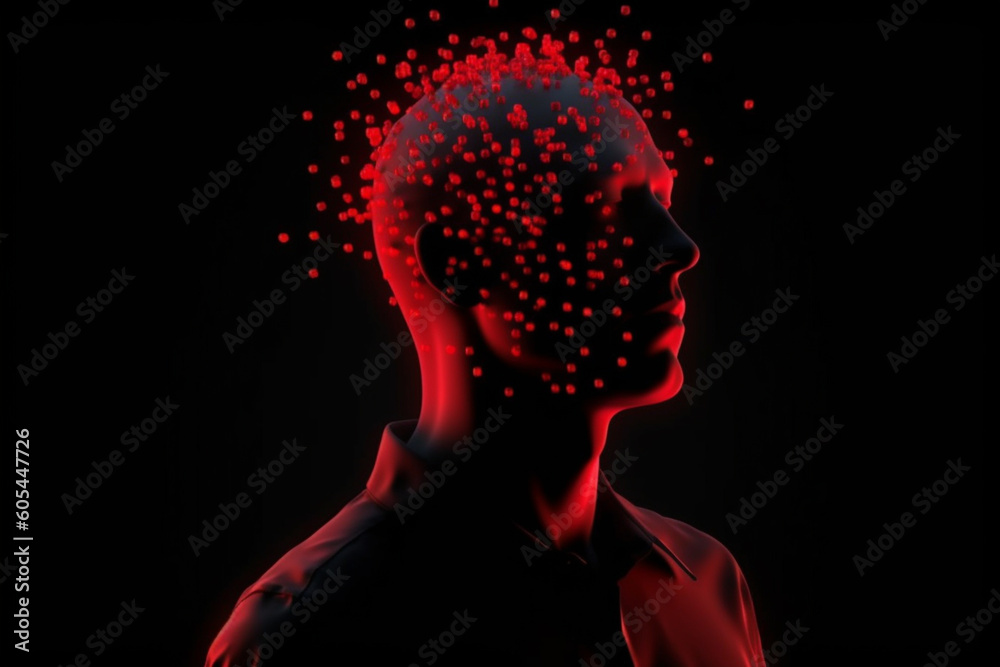 Healthcare, medicine and science concept. Abstract human headache or virus spread illustration with flying round red dots around head dark silhouette. Generative AI