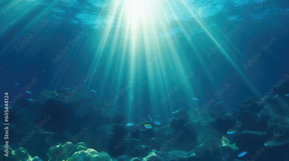 The underwater world in the ocean under the bright rays of the sun, breaking through the water surface to the bottom