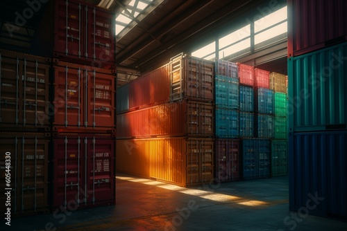 Open-air sea container warehouse with stacked, colorful containers. 3D. Metal tare outside. Generative AI