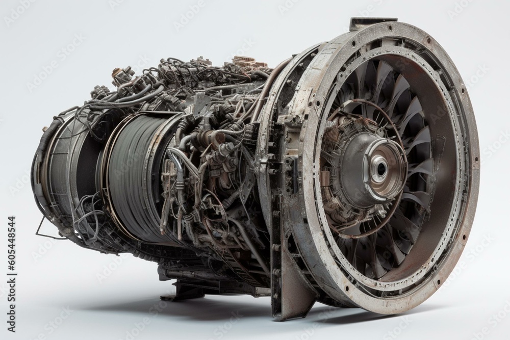 3D illustrated jet engine dismantled into parts on white background ...