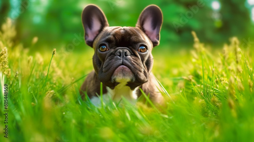 French bulldog close up on green grass, sunny day. Generative AI