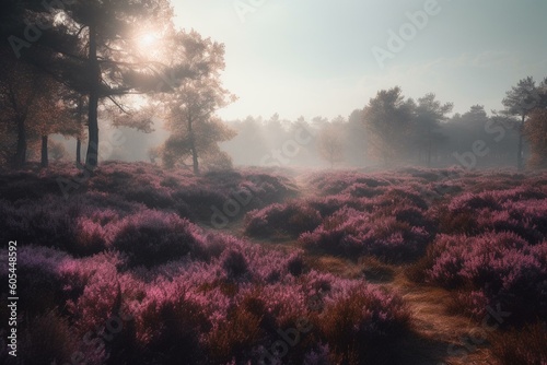 The stunning sight of heather painted in shades of purple. Generative AI