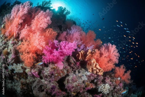 Vibrant coral and fish thrive in a pristine underwater setting. Generative AI