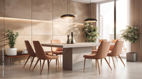 modern and inviting dining space  with the full body dining table as the focal point. The background features a wall finished in a muted taupe tone