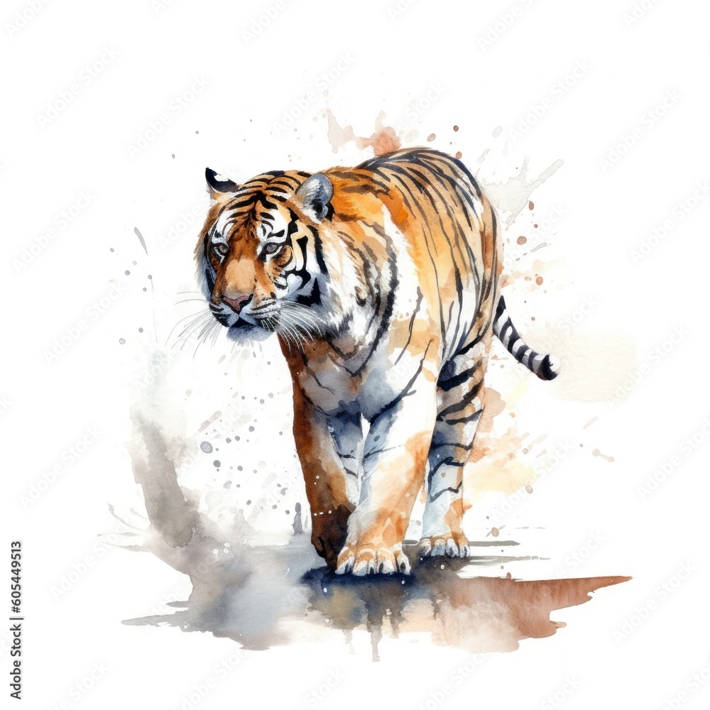 Watercolor tiger isolated on white background. Hand-drawn illustration. Tiger walking. Paint strokes. Ink drops.