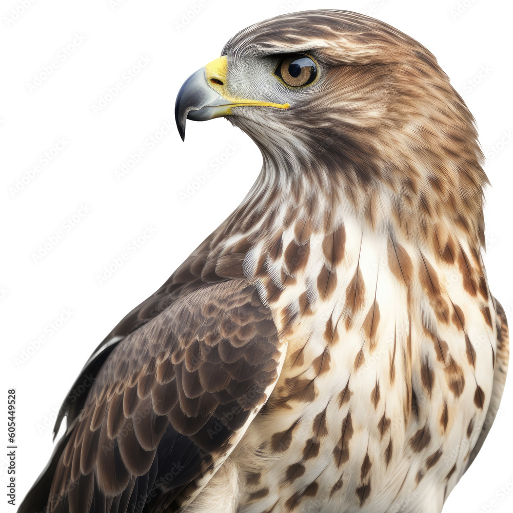 Close up portrait of a buzzard bird isolated on a white background, generative AI animal Close up portrait of a buzzard bird isolated on a white background, generative AI animal