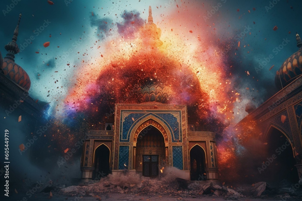 Colorful digital art of a mosque in an explosion. Generative AI