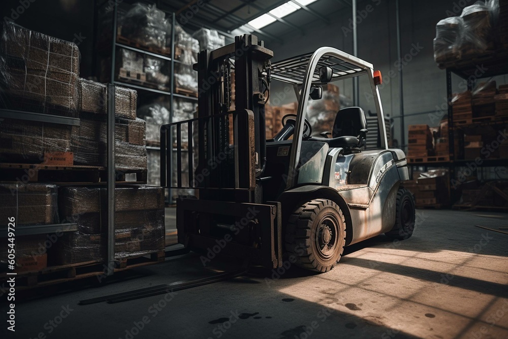 On white forklift in warehouse for loading and unloading cargo from semi trucks and for warehouse work. Generative AI