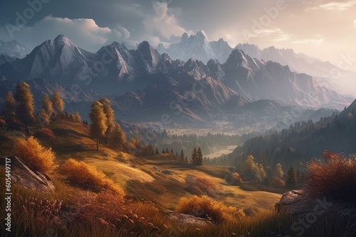 A stunning digital artwork depicting a mountainous landscape. Generative AI