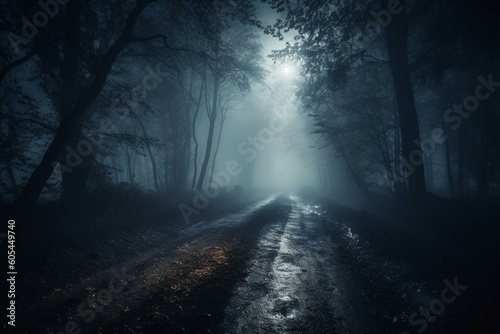 Moonlit forest at night with misty fog giving an abstract bokeh effect on the road. Generative AI