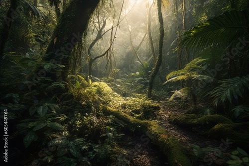 Lush morning rainforest, nature at its best. Generative AI