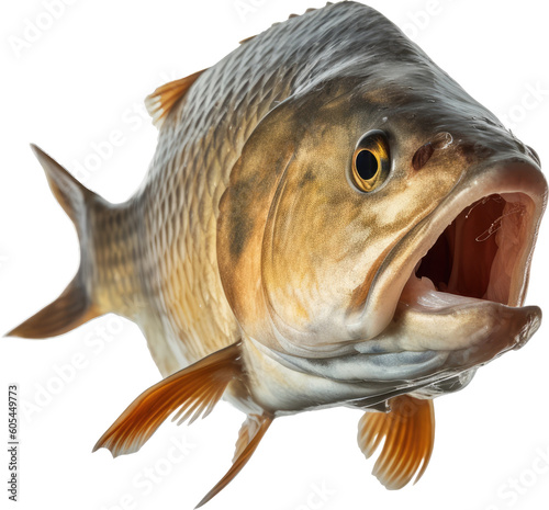 Close up portrait of a swimming carp fish isolated on white or transparent background as PNG, generative AI animal