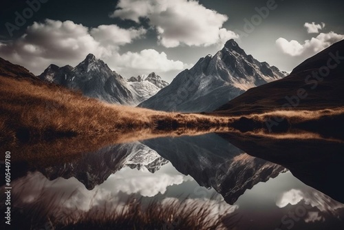 A mountain range reflected in a lake with background mountains and clouds above. Generative AI