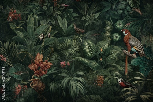 Seamless pattern of lush tropical foliage and exotic animals. Generative AI