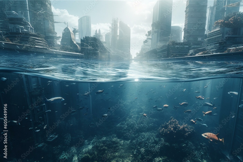 An illustrated futuristic metropolis submerged under ocean water. Generative AI