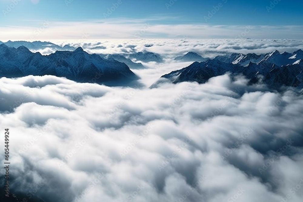 Panoramic view from above the clouds. Generative AI
