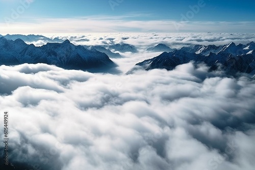 Panoramic view from above the clouds. Generative AI