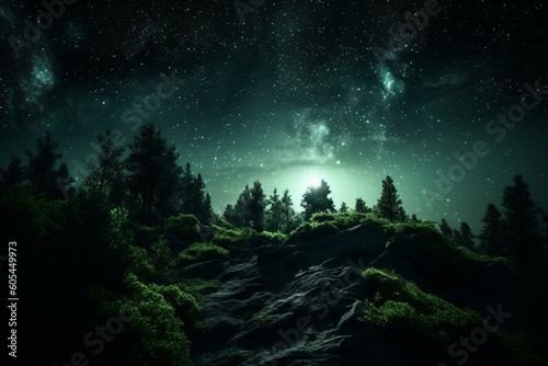 Night sky bright with green stars. Generative AI
