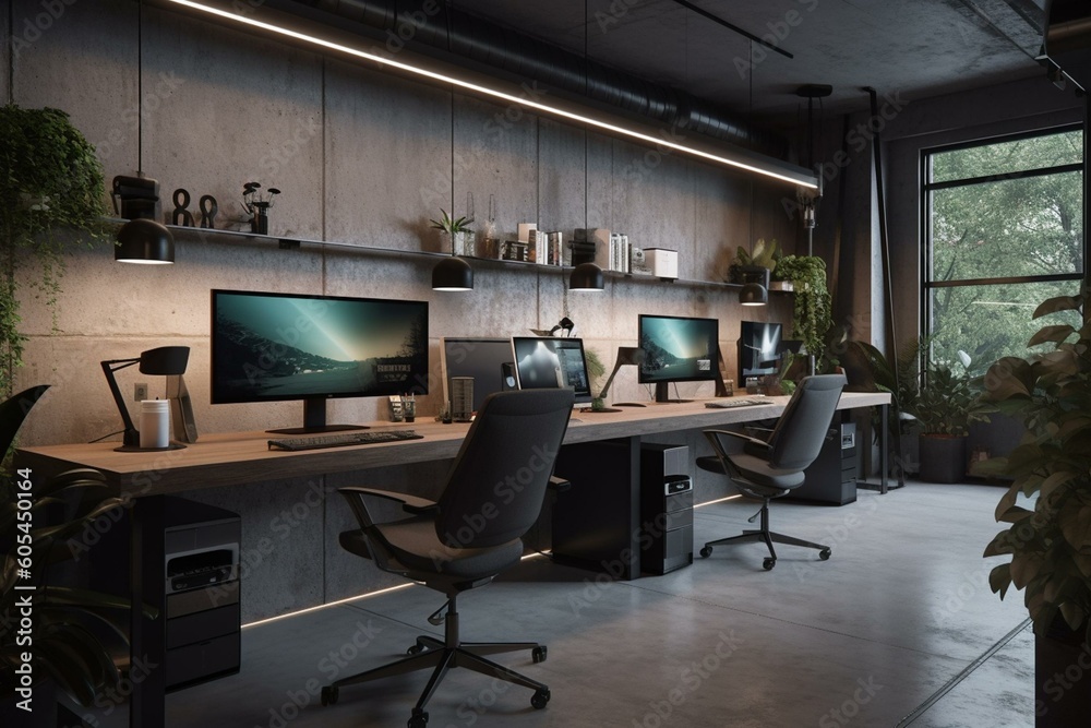 Contemporary concrete coworking space with furnishings and equipment, exemplifying functional office and professional environment. Rendered in 3D. Generative AI