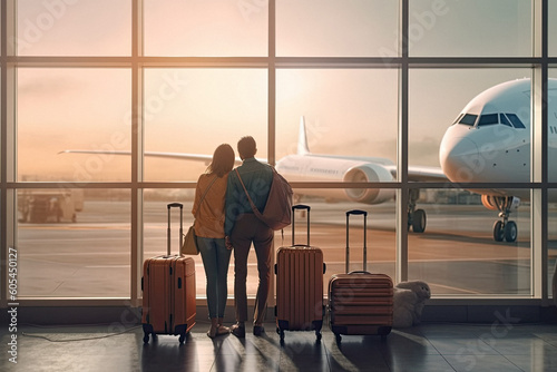 Traveling couple with luggage standing together and hugging in the lounge airport created with Generative AI