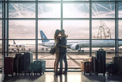 Traveling couple with luggage standing together and hugging in the lounge airport created with Generative AI
