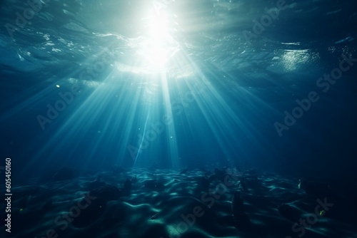An abstract blue background featuring sunlight rays in blue underwater environment. Generative AI © Anthony
