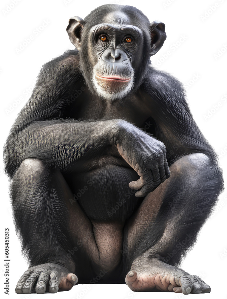 Front view of sitting chimpanzee ape isolated on a white background, generative AI animal Front view of sitting chimpanzee ape isolated on a white background, generative AI animal