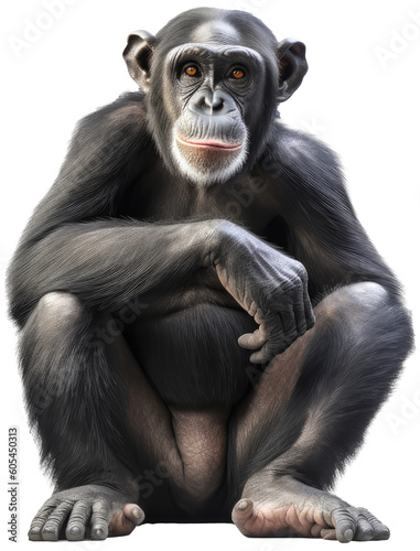 Front view of sitting chimpanzee ape isolated on a white background, generative AI animal