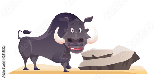 Boar savannah animal. Wild black herbivore on sand with stone. Funny smiling zoo character with tusks. African mammals, wild life, nature concept. Cartoon flat vector illustration on white background