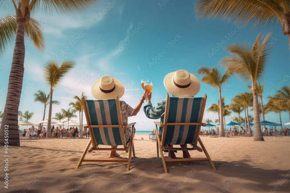 Retired traveling couple resting together on sun loungers during beach vacations on a tropical island created with Generative AI - obrazy, fototapety, plakaty 