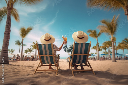 Retired traveling couple resting together on sun loungers during beach vacations on a tropical island created with Generative AI
