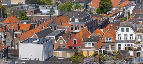 Aerial view of typical colorful dutch style homes in Delft city centrum, Netherlands.