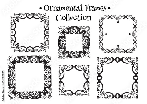 Set of square abstract patterned frames in black on a white background. Graphic design elements. Vector illustration